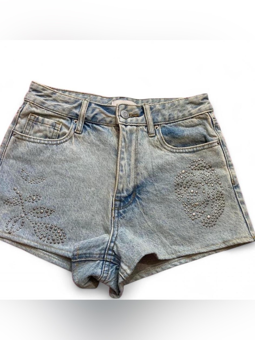 PacSun High Rise Jean Shorts/Silver Stud Rose Leaf Design Light Wash Size 24